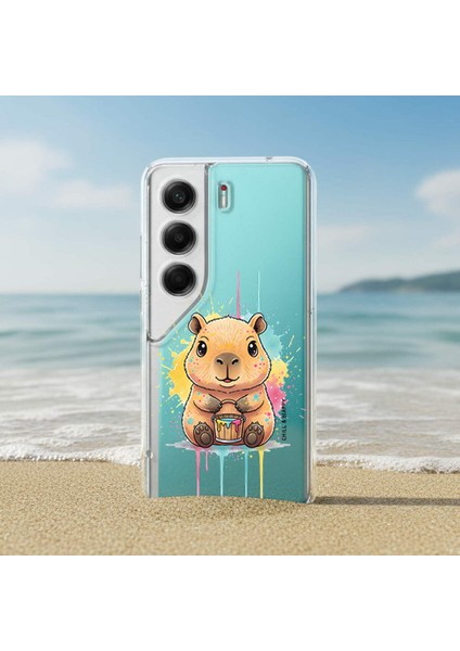 Samsung Galaxy J7 Pro ile Uyumlu Splash Kapibara Tasarımlı Şeffaf Silikon Kılıf