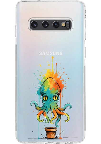 Samsung Galaxy S10 ile Uyumlu Splash Ahtapot Tasarımlı Şeffaf Silikon Kılıf