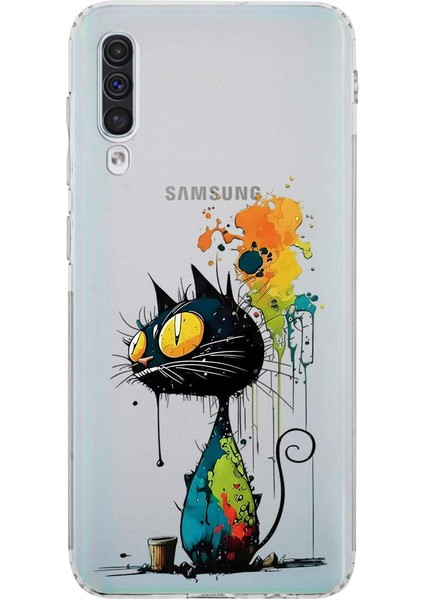 Samsung Galaxy A50S ile Uyumlu Splash Kedi Tasarımlı Şeffaf Silikon Kılıf