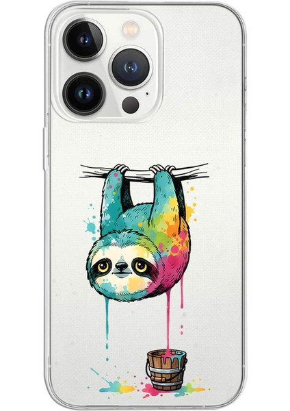 iPhone 13 Pro ile Uyumlu Splash Tembel Hayvan Tasarımlı Slimfit Şeffaf Silikon Kılıf