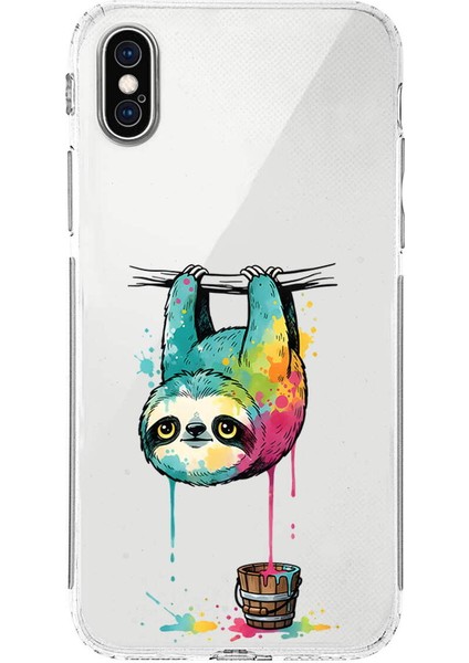 iPhone Xs ile Uyumlu Splash Tembel Hayvan Tasarımlı Şeffaf Silikon Kılıf