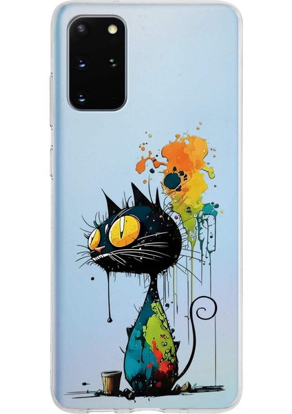 Samsung Galaxy S20 Plus ile Uyumlu Splash Kedi Tasarımlı Slimfit Şeffaf Silikon Kılıf