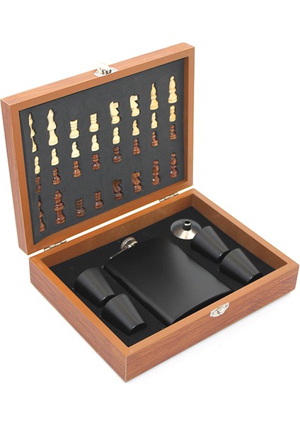 Ahşap Kutulu Satrançlı Matara Seti 8 Oz Siyah Renk
