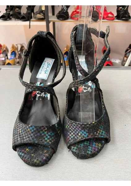 Siyah Zemin Ebruli Tonlama Nubuk Deri 8,5 cm 13 Pont Yandan Model Tango, Dans ve Salon Ayakkabısı