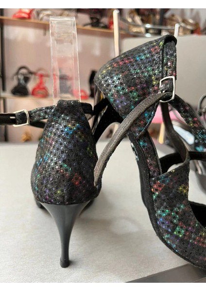Siyah Zemin Ebruli Tonlama Nubuk Deri 8,5 cm 13 Pont Yandan Model Tango, Dans ve Salon Ayakkabısı modelleri