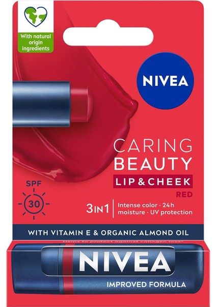 Nıvea SPF30 Kırmızı Renkli Dudak Bakım Kremi,4,8gr,24 Saat Nemlendirme,e Vitamini,organik Badem Yağı,shea Yağı,dudak ve Yanaklar Için,allık Etkisi,mineral Yağı Bulunmaz modelleri