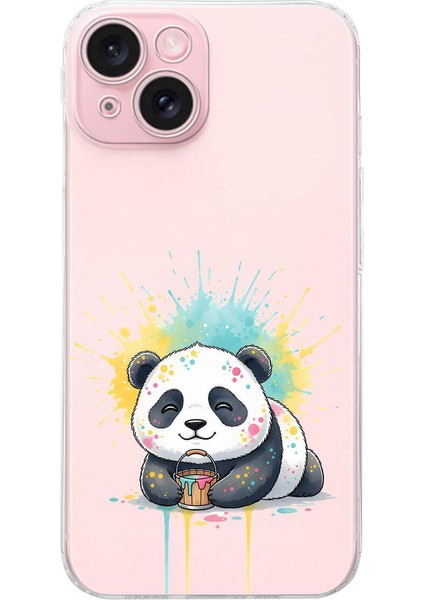 iPhone 15 ile Uyumlu Splash Panda Tasarımlı Şeffaf Silikon Kılıf