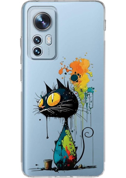 Xiaomi Mi 12 Pro ile Uyumlu Splash Kedi Tasarımlı Slimfit Şeffaf Silikon Kılıf
