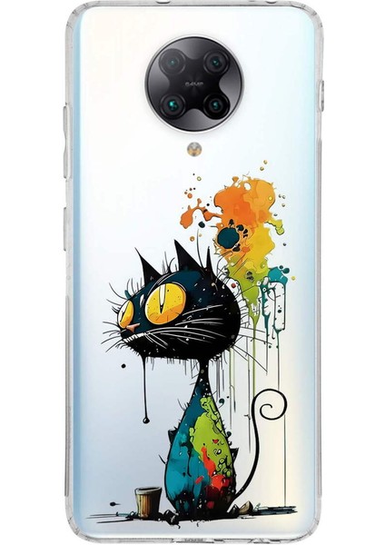 Poco F2 Pro ile Uyumlu Splash Kedi Tasarımlı Şeffaf Silikon Kılıf
