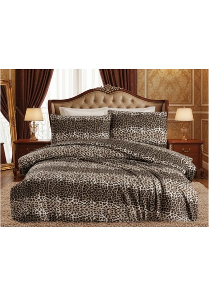 Çift Kişilik Leopar Desenli Çarşafı Lastikli Fırça Bej Kombinli Nevresim Takımı