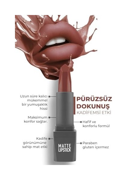 Yoğun Renk Veren Uzun Süre Kalıcı Nemlendirici Kadifemsi Mat Ruj - Matte Lipstick 412 Warm Brown