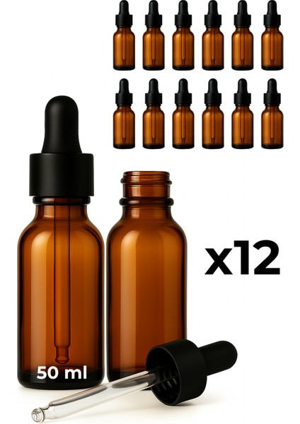 12’li 50 ml Amber Cam Serum Şişesi + Siyah Metal Kapaklı Siyah Uçlu Damlalık