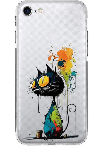 iPhone Se 2022 ile Uyumlu Splash Kedi Tasarımlı Şeffaf Silikon Kılıf