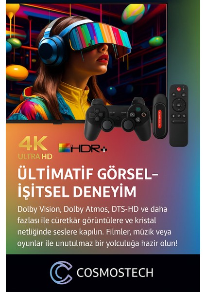 Q9 8k Android Tv Box + Retro Game ve Android Tv Stick – 64GB, 20.000+ Oyun, Wifi, 2.4ghz Kablosuz Gamepad, Dual Sistem