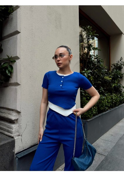 Düğme Yakalı Saks Alt Üst Takım modelleri