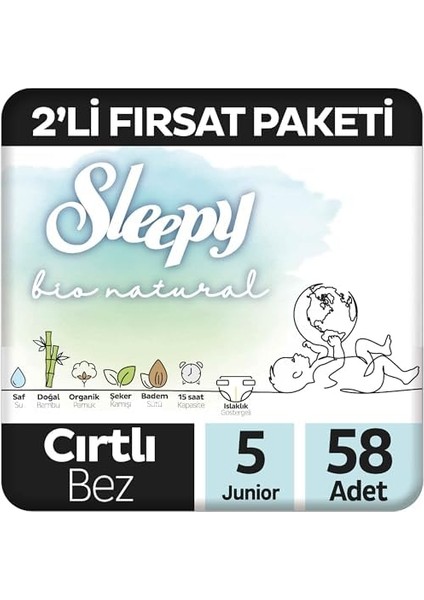 Sleepy Bio Natural 2'li Fırsat Paketi Bebek Bezi 5 Numara Junior 58 Adet Cırtlı Bez fiyatları