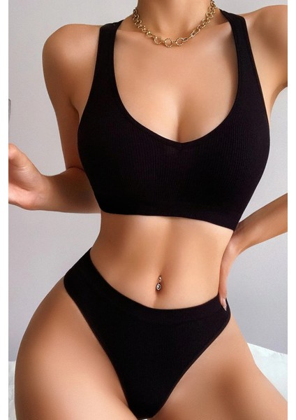 Kadın Siyah Desteksiz Seamless Tangalı Iç Çamaşır Takımı modelleri