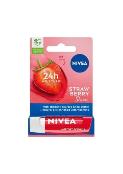 Nivea Dudak Bakım Kremi ve Dudak Parlatıcı 4.8gr, Çilek Kokusu, 24 Saat Nemlendirici, Hafif Kırmızı Işıltı