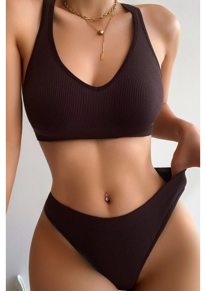 Kadın Kahverengi Desteksiz Seamless Tangalı Iç Çamaşır Takımı - Kahverengi - L-Xl