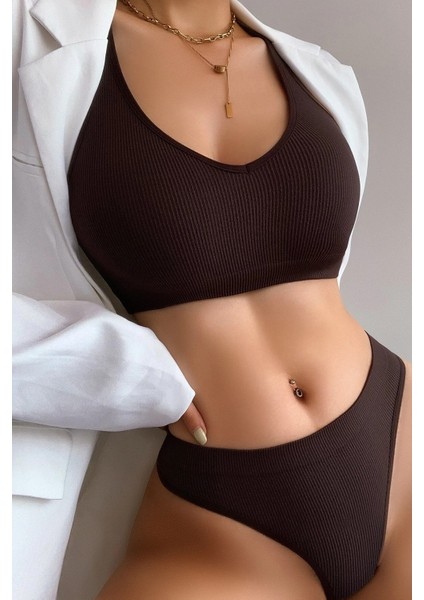 Kadın Kahverengi Desteksiz Seamless Tangalı Iç Çamaşır Takımı - Kahverengi - L-Xl fiyatları