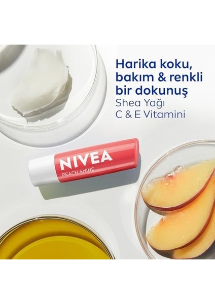 Nıvea Şeftali Dudak Bakım Kremi 4,8 Gr, 24 Saat Nemlendirici, Doğal Yağlar, Gün Boyu Dudak Bakımı, Şeftali Kokusu, Hafif Şeftali Rengi