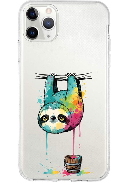 iPhone 11 Pro Max ile Uyumlu Splash Tembel Hayvan Tasarımlı Slimfit Şeffaf Silikon Kılıf