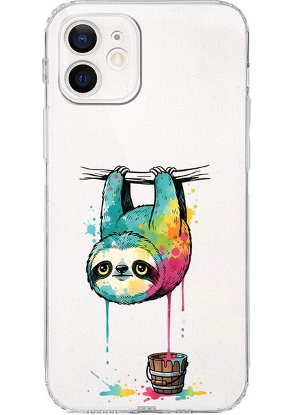 iPhone 12 ile Uyumlu Splash Tembel Hayvan Tasarımlı Şeffaf Silikon Kılıf