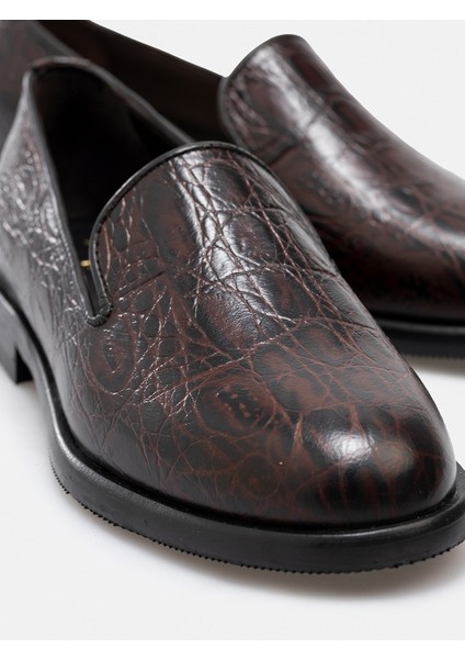 Kadın Siyah Hakiki Deri Kroko Desenli El Yapımı Loafer