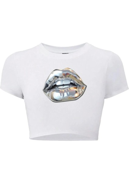 Kadın Silver Lip Gümüş Dudak Crop T-Shirt