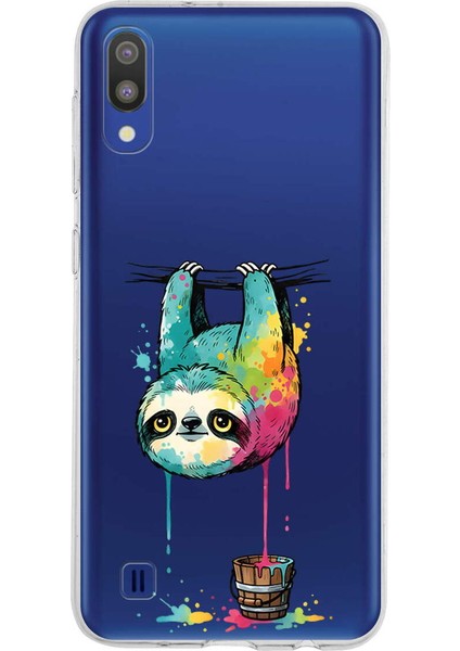 Samsung Galaxy M10 ile Uyumlu Splash Tembel Hayvan Tasarımlı Slimfit Şeffaf Silikon Kılıf