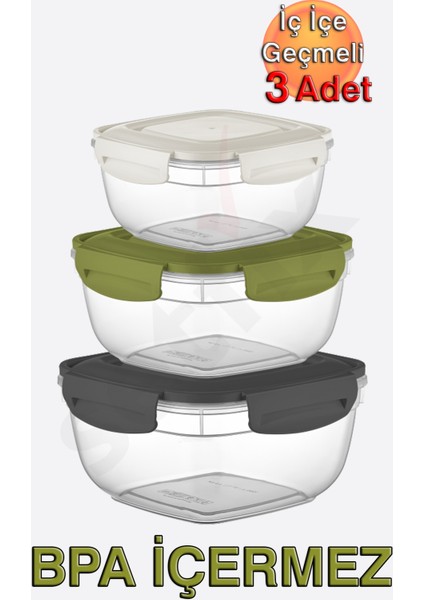 Fresh Box Kilitli Kare Saklama Kabı (500, 900, 1500 Ml) (Üçlü Set)