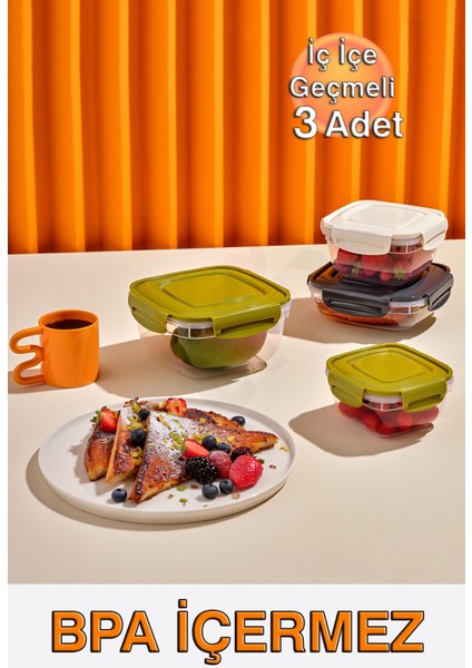 Fresh Box Kilitli Kare Saklama Kabı (500, 900, 1500 Ml) (Üçlü Set) fiyatları