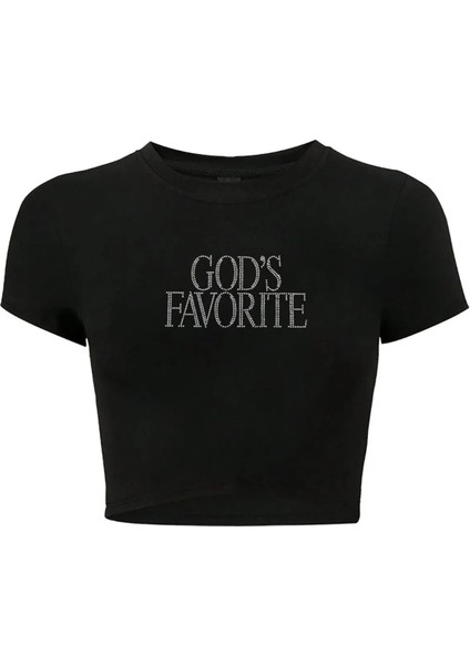 Kadın God's Favorite Kristal Taş Baskılı Crop T-Shirt