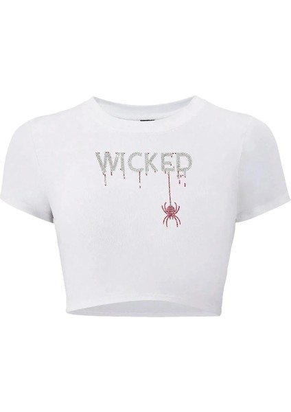 Kadın Kristal Taş Baskılı Red Wicked Crop T-Shirt