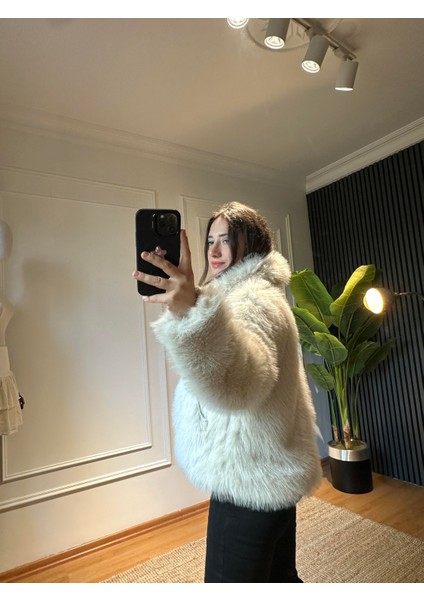 Şal Yaka Kürk Mont Krem fırsatları