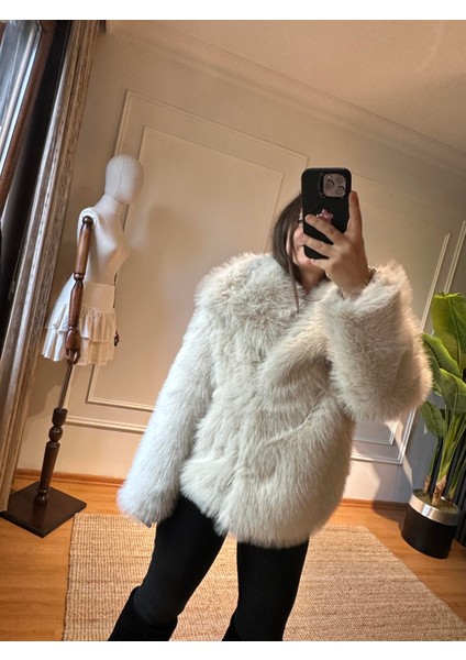 Şal Yaka Kürk Mont Krem indirimleri