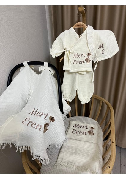 Isimli Yenidoğan Hastane Çıkışı 5'li Set - Alt Üst Takım Şapka Battaniye Puset Örtüsü