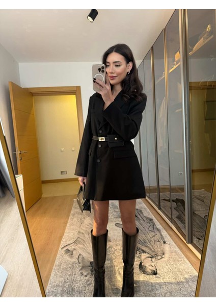 Kemerli Çanta Aksesuarlı Blazer Ceket Siyah Elbise