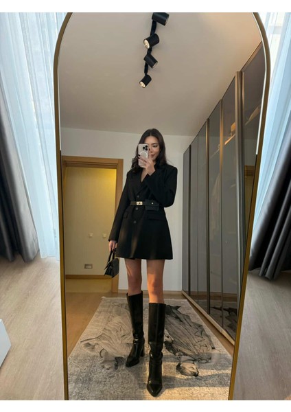 Kemerli Çanta Aksesuarlı Blazer Ceket Siyah Elbise fiyatları