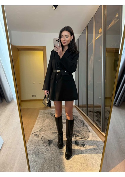 Kemerli Çanta Aksesuarlı Blazer Ceket Siyah Elbise modelleri