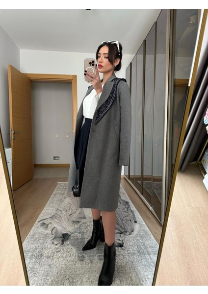 Fularlı Oversize Kaşe Kaban Antrasit fiyatları