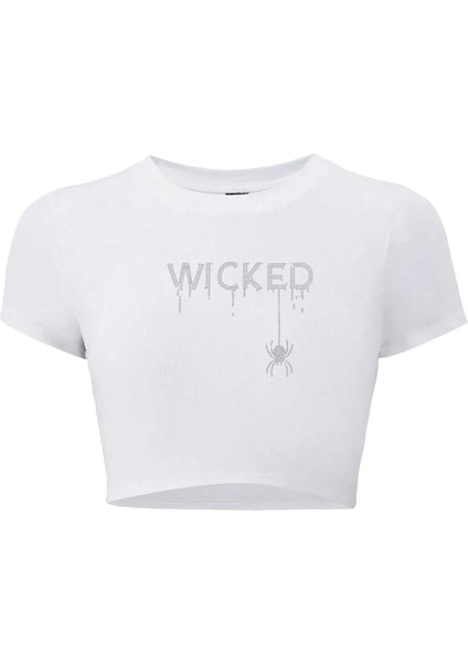 Kadın Kristal Taş Baskılı White Wicked Crop T-Shirt