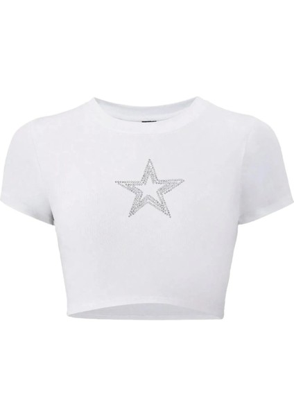 Kadın Star Kristal Taş Baskılı Crop T-Shirt
