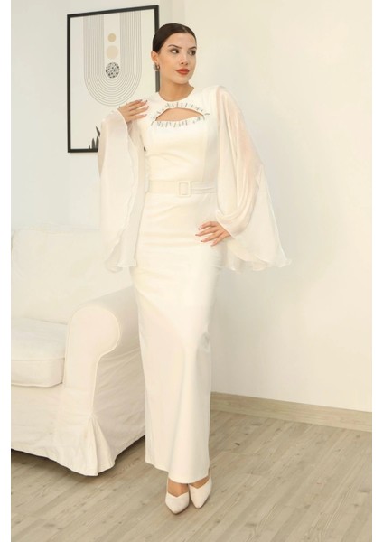 Dekoltesi Işlemeli Pelerinli Kol Abiye Elbise 2349-BEYAZ