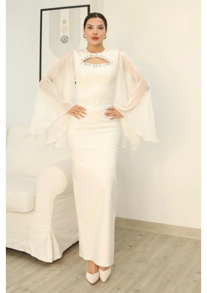 Dekoltesi Işlemeli Pelerinli Kol Abiye Elbise 2349-BEYAZ fiyatları