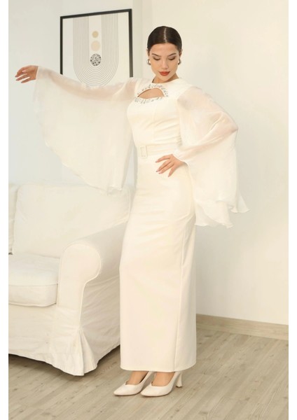 Dekoltesi Işlemeli Pelerinli Kol Abiye Elbise 2349-BEYAZ modelleri