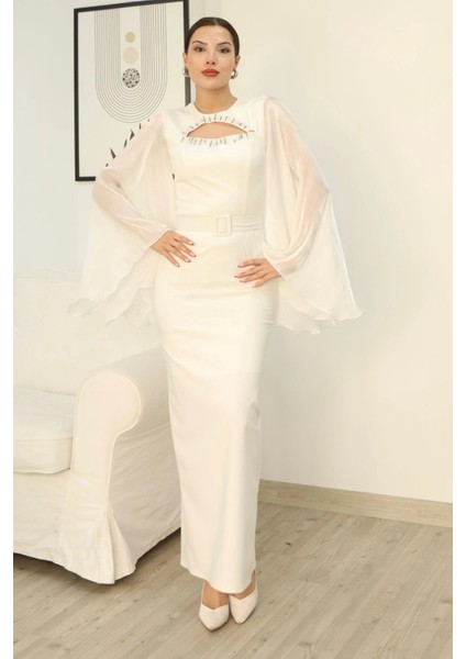 Dekoltesi Işlemeli Pelerinli Kol Abiye Elbise 2349-BEYAZ fırsatları