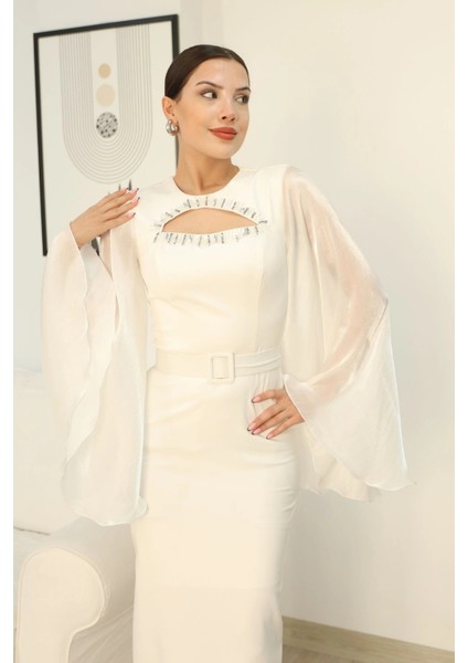 Dekoltesi Işlemeli Pelerinli Kol Abiye Elbise 2349-BEYAZ indirimleri