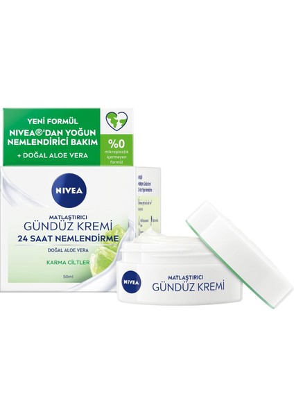 Nıvea Matlaştırıcı Gündüz Yüz Bakım Kremi 50 Ml, 24 Saat Yoğun Nemlendirici, SPF15, Aloe Vera, Karma Ciltler