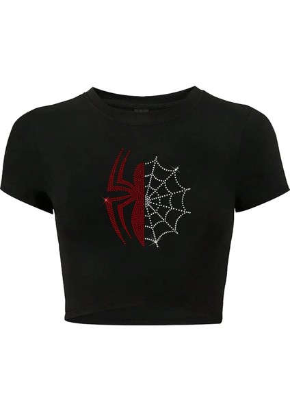 Kadın Renkli Spider Kristal Taş Baskılı Crop T-Shirt